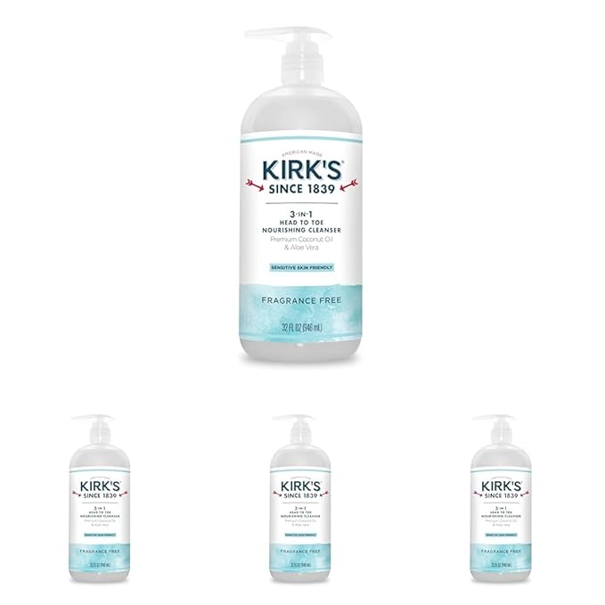 Kirk's 3-in-1 Castile Liquid Soap Fragrance Free Soap | Head-to-Toe Clean Shampoo, Face Soap & Body Wash for Men, Women & Children | 32 Fl Oz. (Pack of 4)