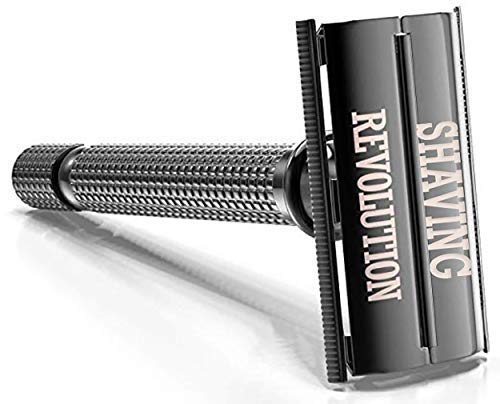 SHAVING REVOLUTION Long Handle Double Edge Safety Razor - Butterfly Open Razor with 10 Japanese Stainless Steel (Black)