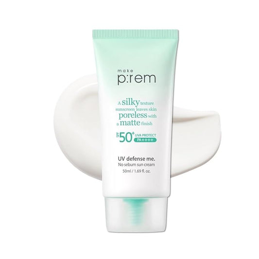 MAKE P:REM UV Defence me. No Sebum Sunscreen, SPF 50+ PA++++ Reef-Safe Silky Texture Sunscreen with Poreless and Matte Finish, UVA/UVB Protection, Korean Sunscreen, 1.69 fl oz, 50ml