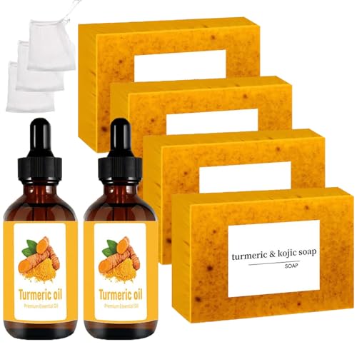 Turmeric Soap & Essential Oil Set, 6 Counts Turmeric Soap and Essential Oils with Soap Bag, Turmeric Oil Premium Essential Oil Set for Face & Body, Turmeric Lemon Soap Bar
