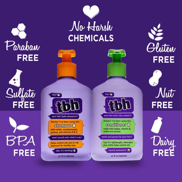 TBH Teen and Kids Shampoo and Conditioner Set - Shampoo and Conditioner for Oily Hair - Sulfate, Paraben Free - 12 oz (2 Pack)