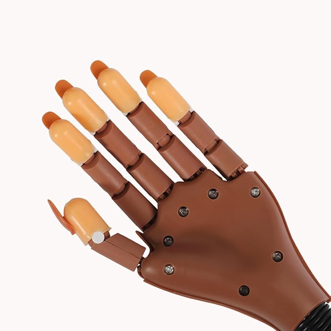 Practice Hand For Acrylic Nails Adjustable Flexible Nail Practice Hands Training Movable Nail Manicure Hand with 300 Brown Nail Tips and 1pc File 1pc Brush 1 pc Nail Buffer and 1 pc Clipper