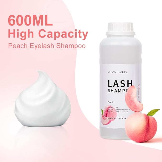 Arison Eyelash Eyelash Extension Shampoo 600ml/ Eyelid Foaming Cleanser/Wash for Extensions and Natural Lashes/Paraben & Sulfate Free Safe Makeup & / Professional & Self Use (Peach)