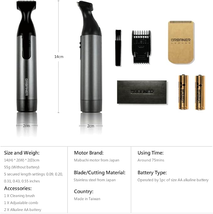 URBANER Adjustable Beard Trimmer for Men, Mustache Edger, Battery Operated, Waterproof Beard Trimmer Cordless, Portable Clipper for Travel Grooming, Gift for Men, Gifts MB-042