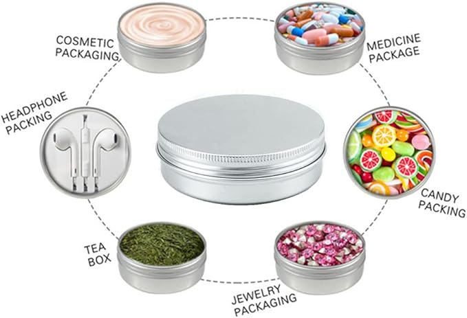 2oz Aluminum Empty Storage Screw-top Tin Jars with Lids, 75PCS Round Candle Cans, Refillable Cosmetic Containers for Lip Balm, Shea Butter, Salves, Silver