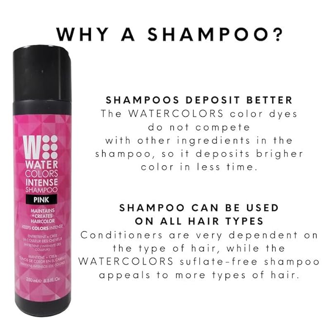 Watercolors by Tressa INTENSE 3-in-1 Color Depositing Shampoo, Semi Permanent Hair Color, Hair Dye Shampoo for Curly, Dry, and Normal Hair, 8 fl oz - PINK