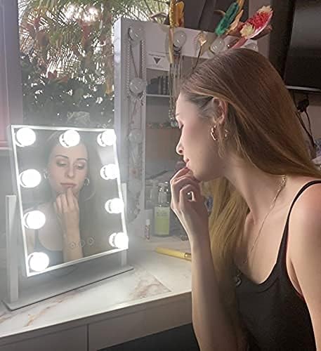 Vanity Mirror with Lights,Hollywood Lighted Makeup Mirror with 3 Color Modes and 9 Dimmable Diamond LED Light Bulbs Detachable 10X Magnification 360° Rotation Touch Control