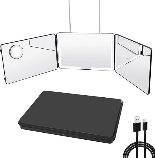 JANMPASK LED 3 Way Mirror for Hair Cutting, Adjustable 360 Trifold Barber Mirror Self Hair Cutting with 3 Color Temps LED Light & Telescoping Hooks for Makeup, Shaving & Styling