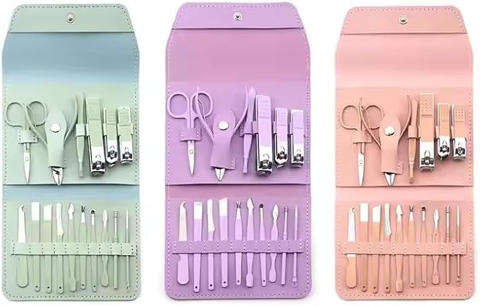 16-Piece Manicure and Pedicure Set with Leather Case, Nail Care Tools Kit, Green/Purple/Pink (Green)