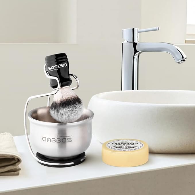 Anbbas Synthetic Badger Shaving Brush with Stainless Steel Shaving Stand and Lathering Foam Bowl, 3.5 oz Natural Shaving Soap Puck Refill for Men Wet Shave