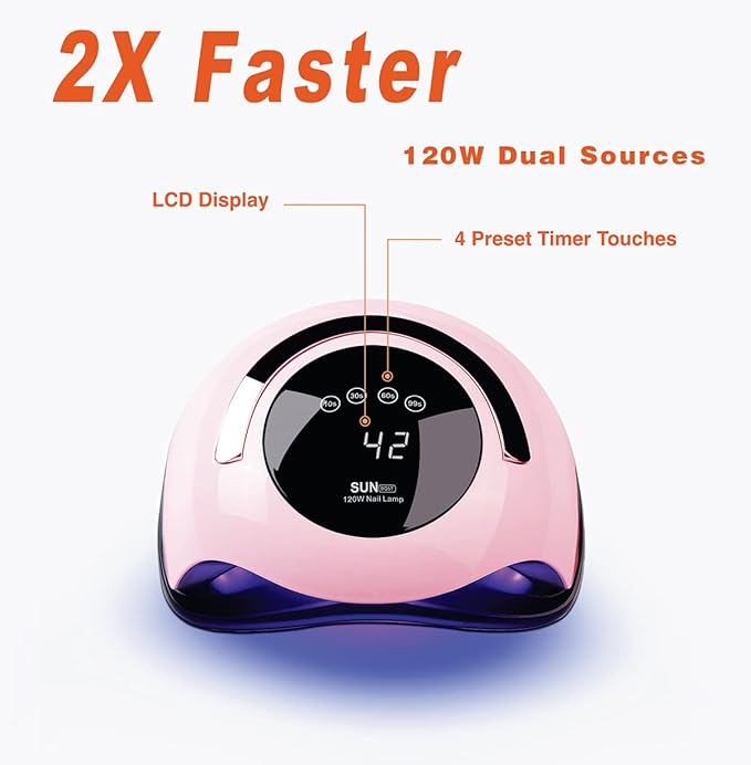 W&H UV LED Nail Lamp, 120W Faster Gel Nail Dryer Professional Curing Lamp for Fingernail and Toenail Nail Gel Polish Machine with 4 Timer Setting Touch Screen (Sun BQ5T) (Pink)