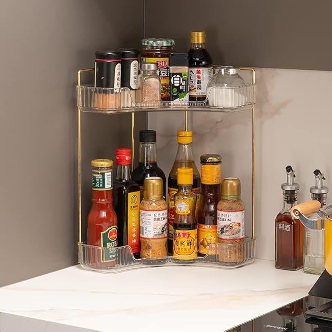 Corner Bathroom Counter Organizer – Classic Storage Shelf for Makeup, Perfume & Toiletries, Space-Saving Countertop Tray Fits Bathroom, Dresser, Kitchen (Clear, 2-Tier)