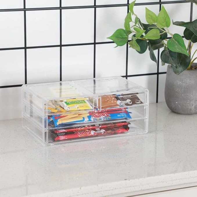 Cq acrylic 2 Pack Clear Stackable Storage Drawers for Vanity,Stackable 6 Drawers Desktop Organizer With Drawers,Cute Desk Storage for Office,Jewelry,Hair Clip,Beauty,Skincare and Make Up Organizers