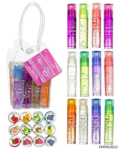 Expressions girl 12pc Roll On Lip Gloss Set with Carrying Case, Glossy Lip Make-up for Kids and Teens - Fruity Flavors, Non Toxic, Kid Friendly, Party Gift, Best Friends