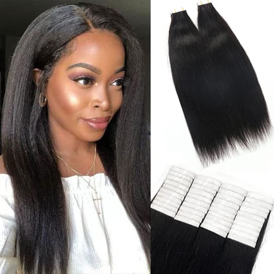 100G 40PCS Tape in Hair Extensions Yaki Straight Human Hair Black Women Invisible Tape ins Real Hair Glue in Adhesive Hair Extensions Double Sided Seamless 12Inch Real Virgin Remy Brazilian Human Hair