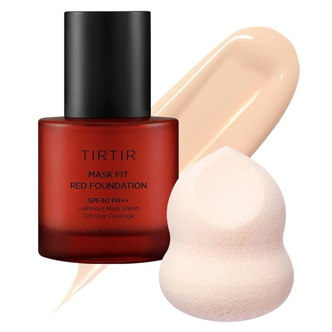 TIRTIR Mask Fit Red Foundation + Puff Set | High Coverage, Long-Lasting, Lightweight, Buildable Coverage, Radiant Semi-Matte Finish, All Skin Types, Korean Foundation, #21N Ivory