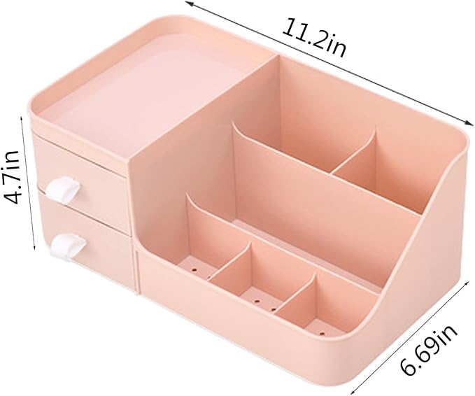 Skin Care Organizer - Makeup Vanity Countertop Organizer with Drawers, Brush Holder for Lipstick, Eyeshadow, Desktop (Polar Pink)