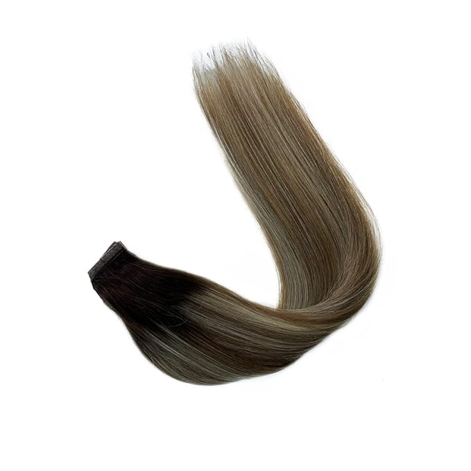 Ponytail Extension Human Hair Balayage Walnut Brown to Ash Brown with Bleach Blonde Highlights Ponytail Hair Pieces Clip in Wrap Around Pony Remy Hair Extensions for Women 14 Inch 80G #3T8P613