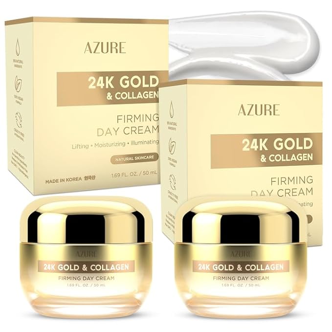 Azure Cosmetics 24K Gold & Collagen Face Moisturizer - Dermatologist Tested, Anti-Aging Face Cream - Skin Tightening, Fine Lines and Wrinkles Treatment - Korean Skin Care - All Skin Type - 2 Pack
