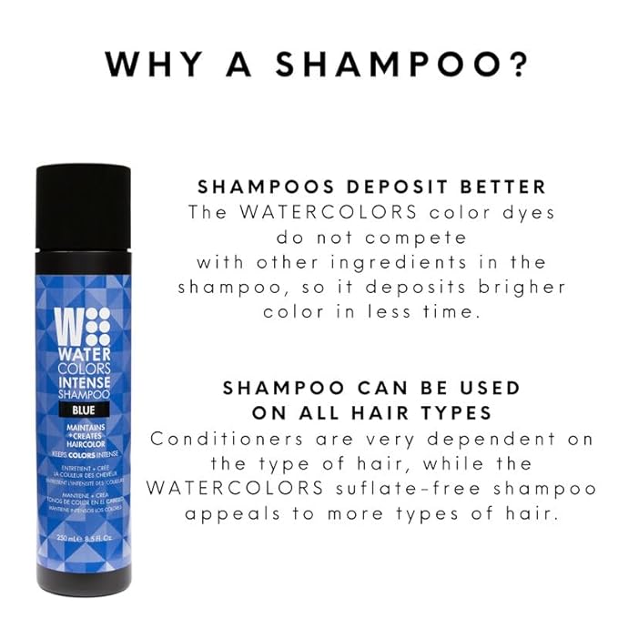 Watercolors by Tressa INTENSE 3-in-1 Color Depositing Shampoo, Semi Permanent Hair Color, Hair Dye Shampoo for Curly, Dry, and Normal Hair, 8 fl oz - BLUE