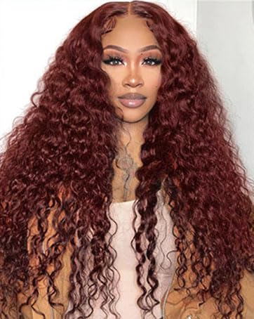 34 Inch Reddish Brown Lace Front Wigs Human Hair 13x6 Reddish Brown Curly Lace Front Wig 180 Density 33# Deep Wave HD Lace Frontal Wigs Human Hair Pre Plucked for Women Auburn Colored Human Hair wig
