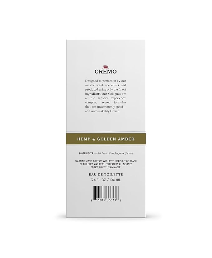 Cremo Hemp & Golden Amber Cologne Spray, A Unique Yet Sophisticated Blend of Hemp, Ginger and Golden Amber, 3.4 Fl Oz