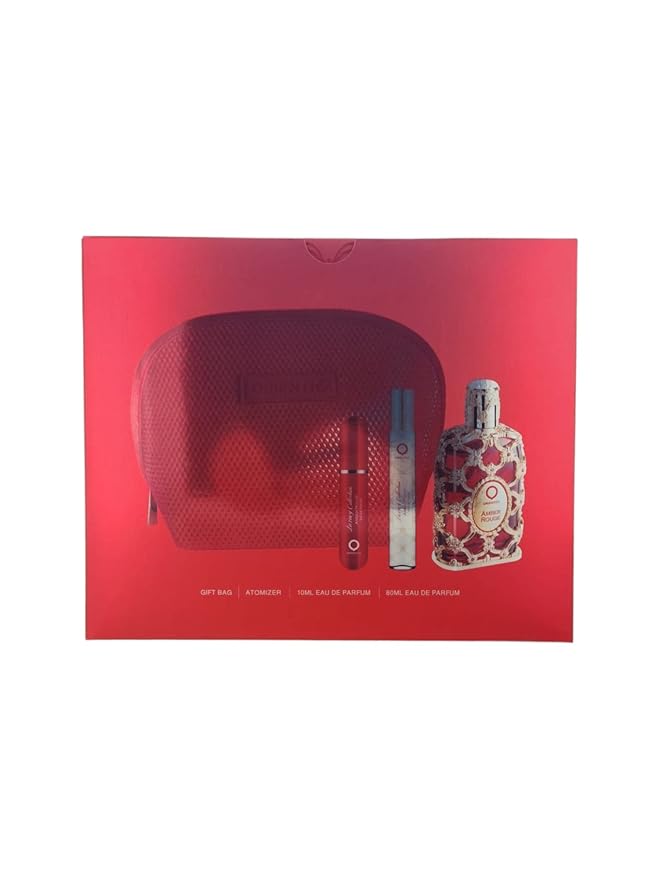 Orientica AL HARAMAIN Amber Rouge 4-Piece Set for Unisex, (2.7 Oz Eau De Parfum Spray + 0.34 Oz Eau De Parfum Travel Spray + Atomizer + Bag) Luxury Collection
