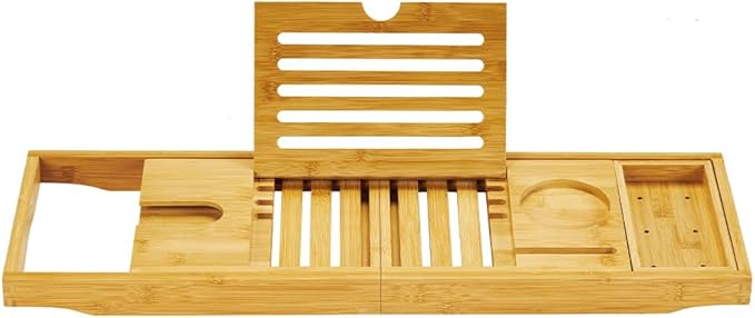 Bathtub Tray, Foldable Bath Tray for tub, Bamboo Bathtub Trays for tub, Luxurious Bath Accessories with Wine, Book & Tablet Holder - Expandable Size Fits Most Tubs - Wedding Gifts
