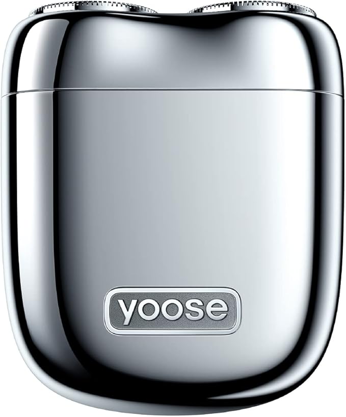 yoose Mini Shaver On-The-Go, Portable Alloy Electric Shaver for Men, Cordless Travel Shavers, Dry Shave, USB-C Rechargeable Electric Razor, IPX7 Waterproof, Easy Cleaning, Battery Indicator, Silver