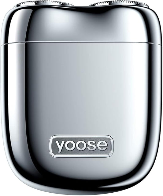 yoose Mini Shaver On-The-Go, Portable Alloy Electric Shaver for Men, Cordless Travel Shavers, Dry Shave, USB-C Rechargeable Electric Razor, IPX7 Waterproof, Easy Cleaning, Battery Indicator, Silver