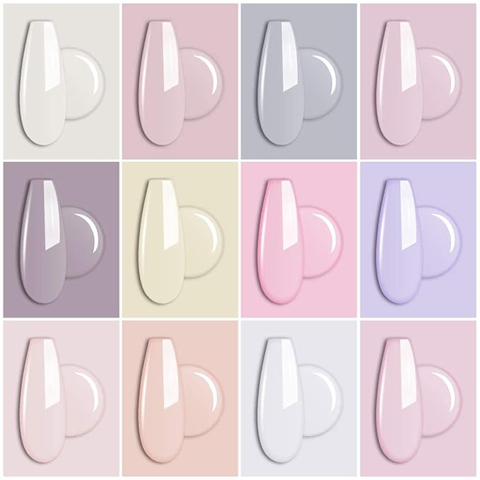 AIMEILI Gel Nail Polish No Wipe Top and Base Coat Set, and Clear Color Pink Nude White Soak Off Gel Nail Polish Set Of 12pcs X 8ml