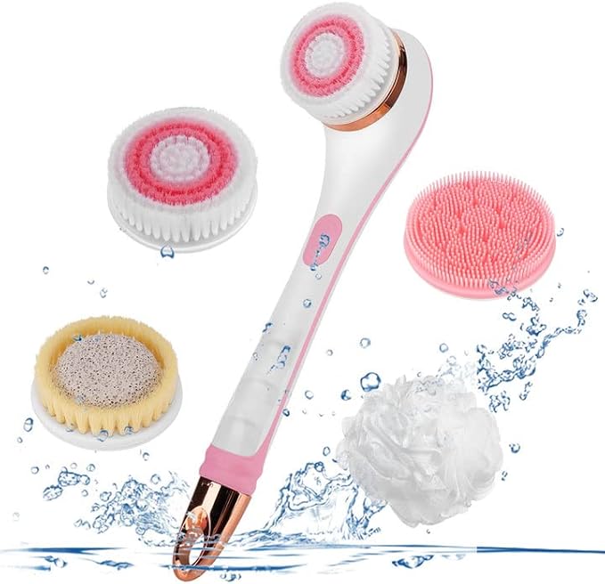 Color You Electric Body Brush for Exfoliating and Massage, Long Handle Electric Bath Brush Rechargeable Body Scrubber, Soft Silicone Spinning Skin Brush with 4 Spin Brush Heads for Man and Women