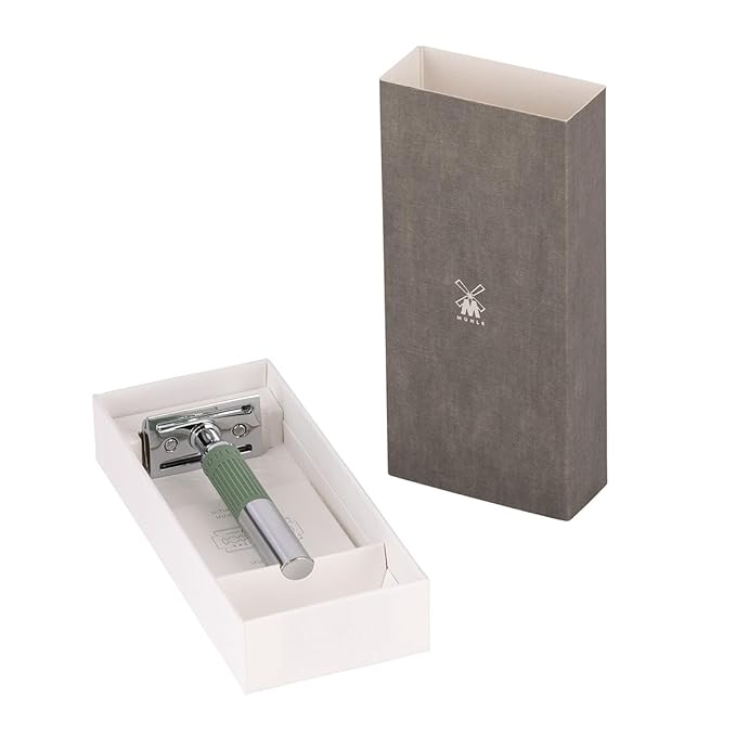 MÜHLE NEO safety razor|double edge safety razor for beginners and experienced shavers|sustainable eco-friendly and reusable|for men and women|chrome with sage green silicone grip handle