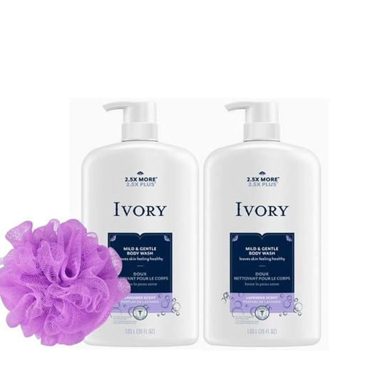 Ivory Body Wash - Ivory Clean Body Wash Pump Original with body pump. Ivory soap pamper yourself with this moisturizing body wash pump with 35 Fl. Oz. each with shower loofah (Pack of 2). (Lavender)