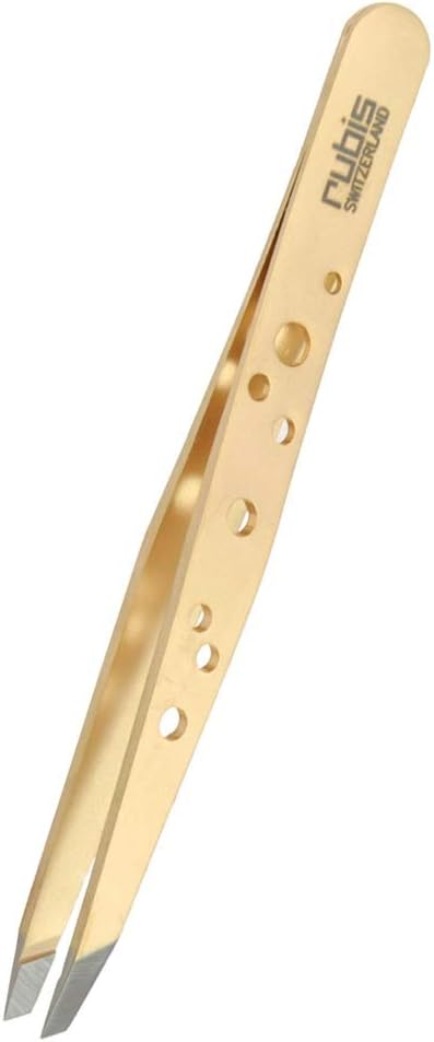 Rubis Hole Pattern Classic Stainless Steel Slanted Tweezers For Precise Eyebrows and Hair Removal, 1K111GOLD, Gold, The Elegance Collection,Rubis Switzerland Swiss Made World Renowned Precision
