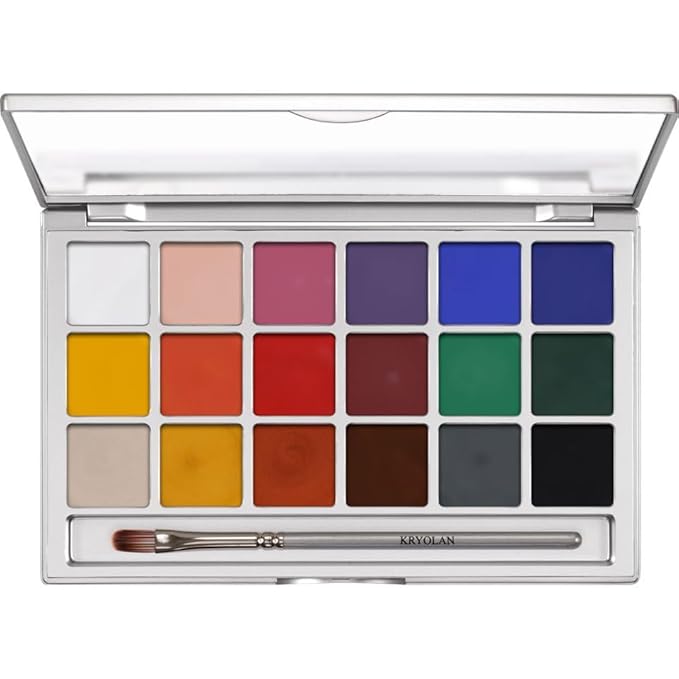 Kryolan Coloring Vision Special Effects Makeup Palette, 18 Colors (Vivid) | Highly-Pigmented Creamy Stage Makeup | Professional Theater, Cosplay, Costume, SFX Face Paint Palette With Mirror & Brush…