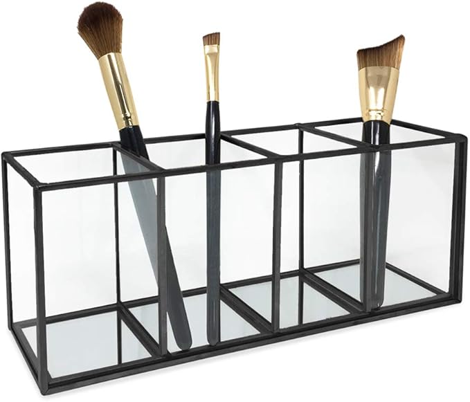Isaac Jacobs 4-Compartment Organizer- Makeup Brush Holder- Vintage Style Brass and Glass Storage Solution with Mirror Base- Office, Bathroom, Kitchen Supplies and More (Black)