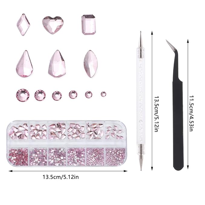 1000Pcs 12Gird Box Multi Size AB/Colorful Irregular Rhinestones Flatback Crystal Diamond Gems, with Pick Up Tweezers and Picker Dotting Pen for Nails, Makeup
