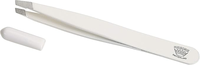 Slant Tweezer - Handmade in Switzerland - Professional Eyebrow & Facial Hair Remover - Etched Interior Grabs Hair from The Root - Perfectly Aligned Tips - Stainless Steel, White