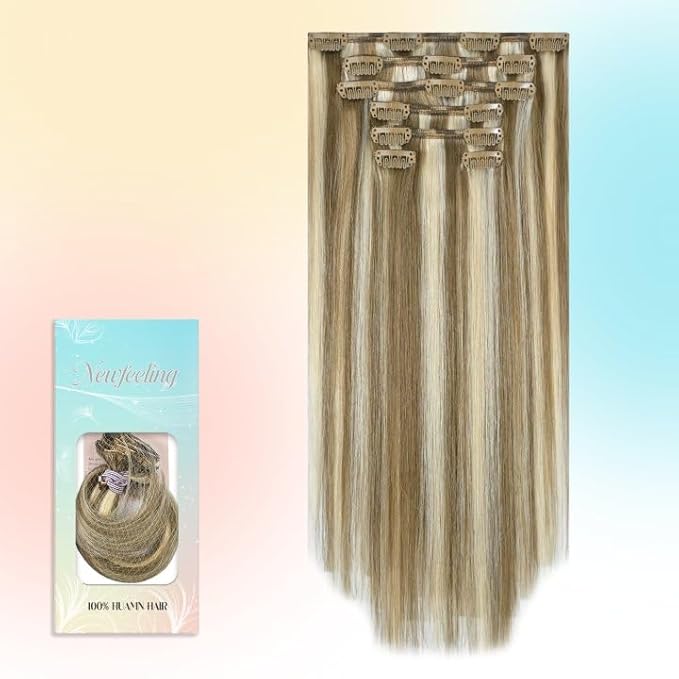 Clip in Hair Extensions Real Human Hair 12 Inch Golden Blonde Highlights Human Hair Clip in Hair Extensions 75g Straight Hair Extension for Women