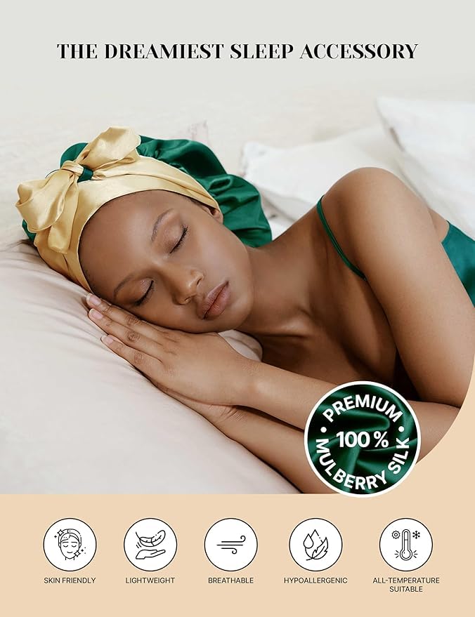 100% Mulberry Silk Bonnet for Sleeping Women with Curly Hair - Short Long Hair Bonnet for Sleeping - Alternative to Double Layer Satin Bonnet with Tie Band - Mothers Day Gifts Hair Wrap for Sleep