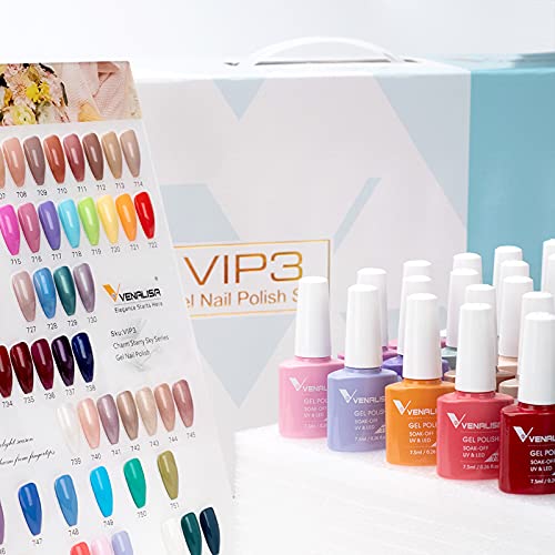 VENALISA VIP3 Set 65 PCS 7.5ML Spring Summer Gel Nail Polish Kit with Color Card,Base Matte Top Coat Gel Polish Set,UV LED Soak Off Manicure Starter,Suitable to DIY at Home Nail Art Salon