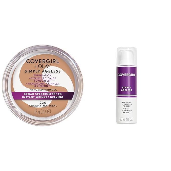 COVERGIRL & Olay Simply Ageless Instant Wrinkle-Defying Foundation, Creamy Natural 0.44 Fl Oz (Pack of 1) & Simply Ageless Makeup Primer, 1 Fl Oz, Pack of 1