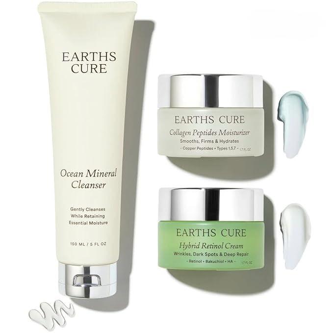 EarthsCure 3 Step Anti-Aging Routine - Simple Routine for Wrinkles, Dark Spots, and Smoother Skin. Contains Ocean Minerals, Nano Peptides & Vegan Retinol. Sensitive Skin Safe.