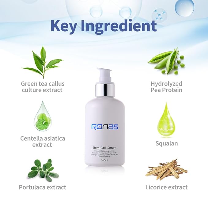 Ronas Stem Cell Serum Korean Facial Moisturizer with Hyaluronic Acid, Licorice Extract, Squalan Face Serum For Women Revitalizing, Skin Barrier Strengthening 6.76fl.oz