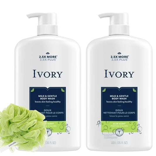 Ivory Body Wash - Ivory Clean Body Wash Pump Original with body pump. Ivory soap pamper yourself with this moisturizing body wash pump with 35 Fl. Oz. each with shower loofah (Pack of 2). (Aloe)