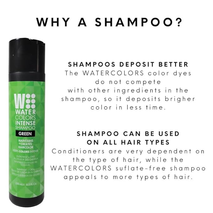 Watercolors by Tressa INTENSE 3-in-1 Color Depositing Shampoo, Semi Permanent Hair Color, Hair Dye Shampoo for Curly, Dry, and Normal Hair, 8 fl oz - GREEN