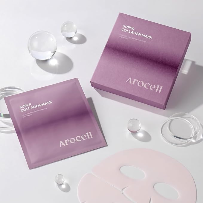 AROCELL Super Collagen Mask 12 Facial Sheet Dual Matrix Hydrogel Masks with Low Molecular Weight Collagen for Elasticity Hydrating Anti-Aging Cooling Korean Skincare, 43g x 12ea