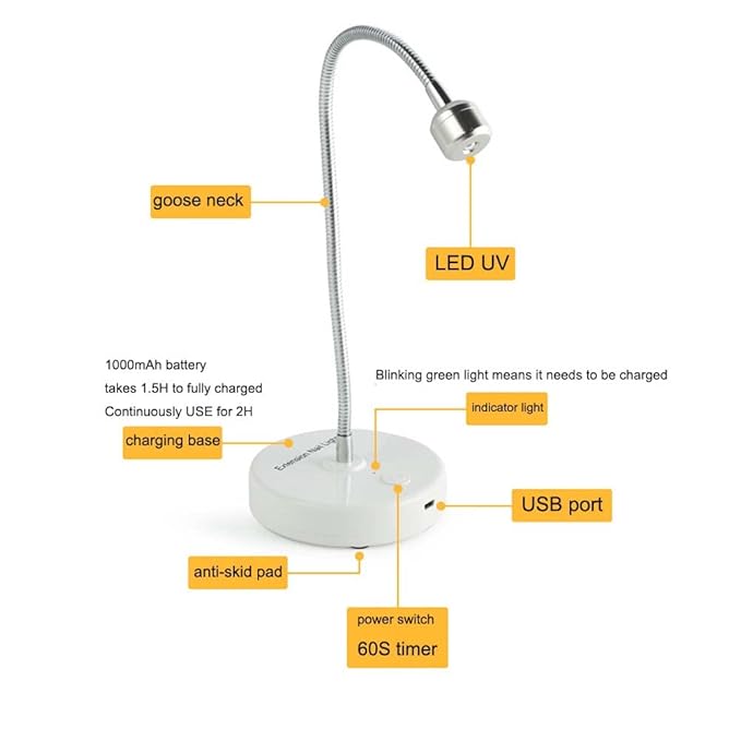 UV Light for Nail 3W UV LED Nail Lamp - Portable Rechargeable Gel Dryer with Adjustable Gooseneck for Gel X & Semi-Cured Strips, Home & Salon Use