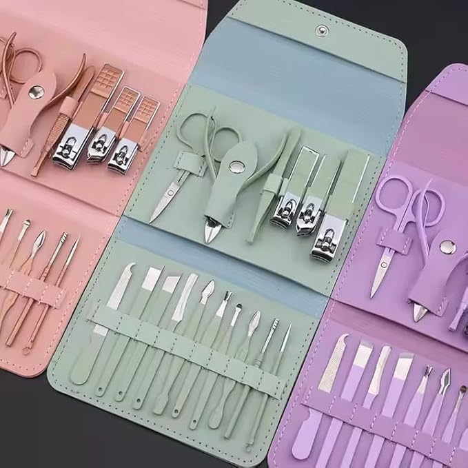 16-Piece Manicure and Pedicure Set with Leather Case, Nail Care Tools Kit, Green/Purple/Pink (Violet)